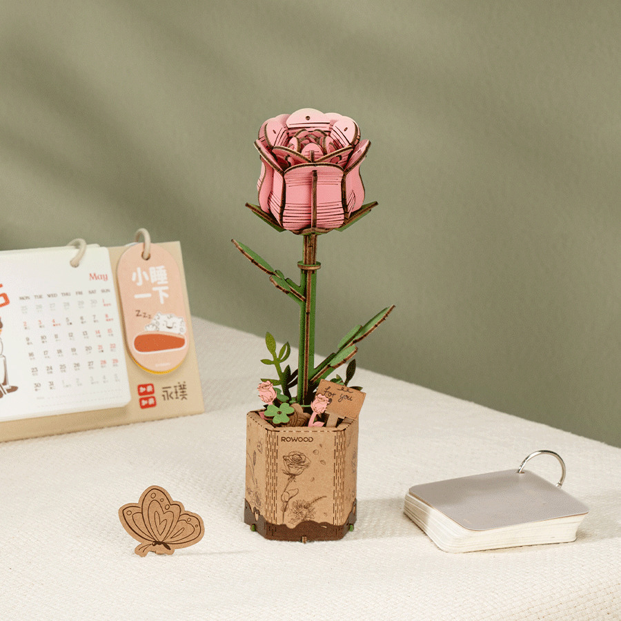 Pink Rose Rolife DIY 3D Wooden Puzzle Kit (5)